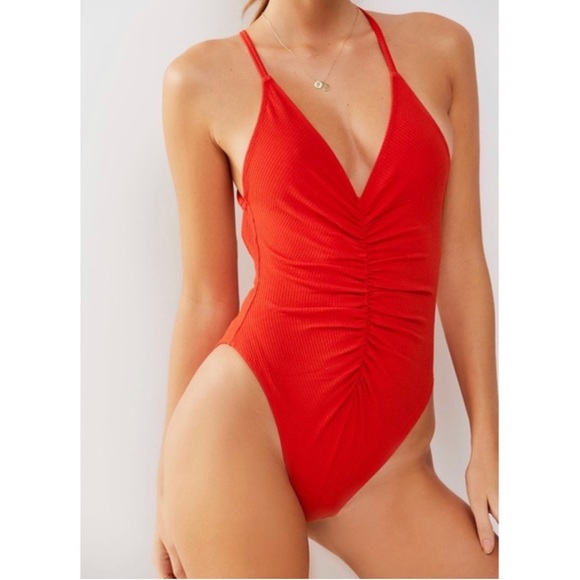 Urban Outfitters Out From Under Vera Ruched Ribbed Bodysuit in Red - Picture 7 of 7